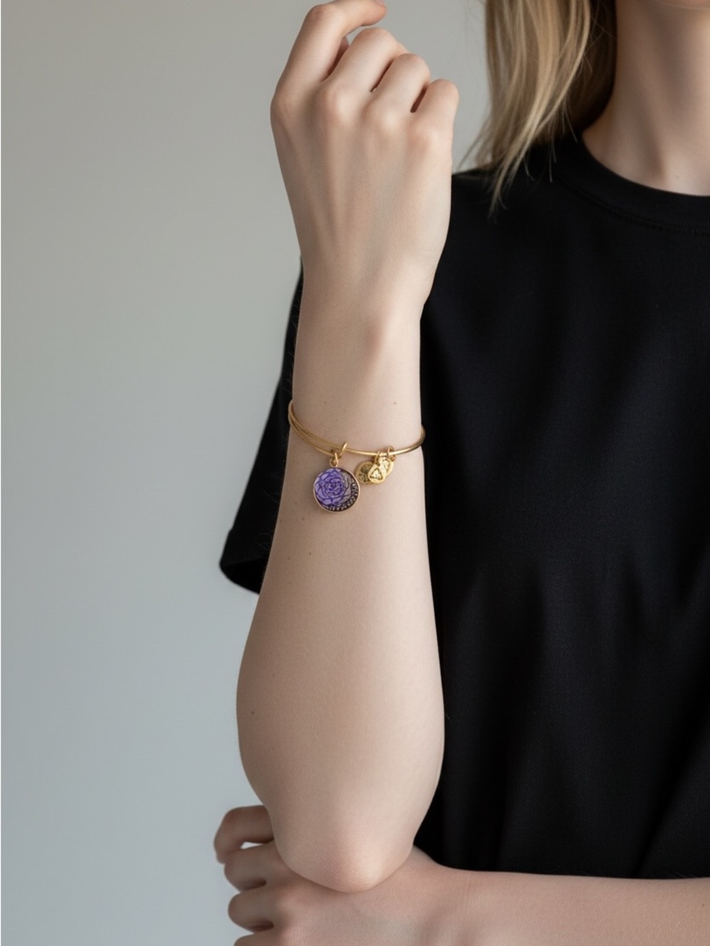 10/23 Alex and Ani Gold-Tone Bracelet with Purple Enamel Coin Charm